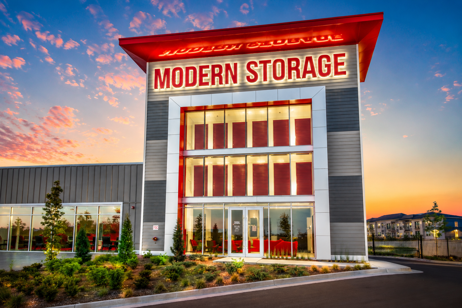Modern Storage® North Little Rock Tower at Sunset Front tower entrance of Modern Storage® North Little Rock illuminated at sunset with glowing signage, glass storefront, and landscaped exterior.